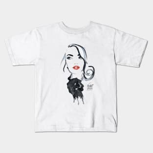 black and white girl illustration Kids T-Shirt